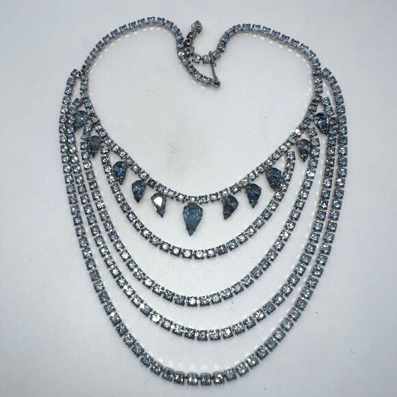 1940s 1950s vintage silver tone light blue glass rhinestones swag necklace - Picture 1 of 8